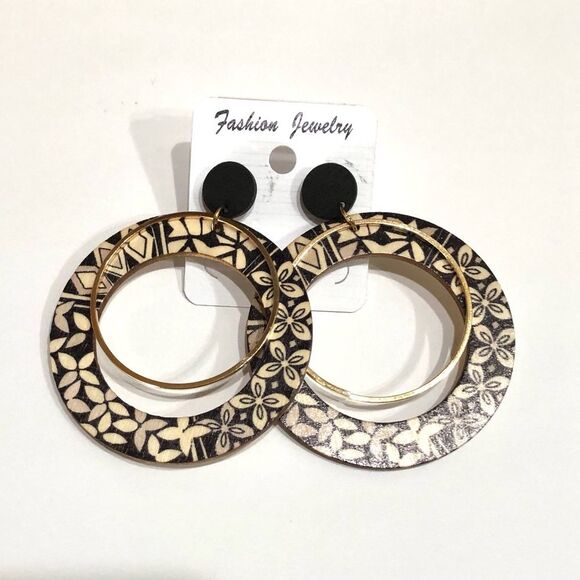 Boho Multi-Hoop Floral Wooden Dangle Earrings - 211 - Picture 7 of 8